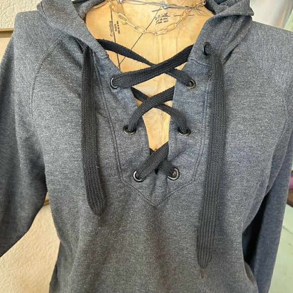 Joy Lab Grey Black Lace Up Hoodie SweatShirt Soft Sweater sz XS - Picture 3 of 11